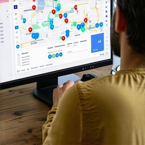 Business owner reviewing local SEO analytics on computer with maps and charts
