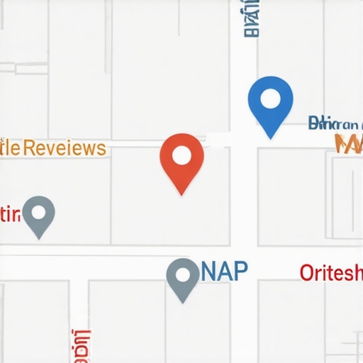 Screenshot of a local business map profile with annotations on verification, reviews, and NAP data