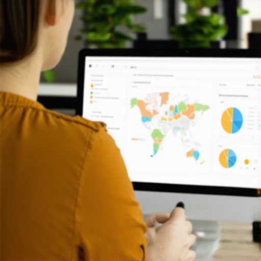 Business owner analyzing local SEO audit data on computer for map ranking improvements.