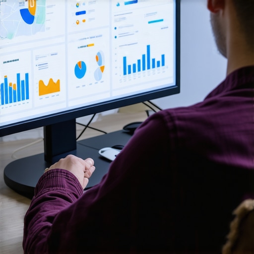 Person reviewing SEO audit reports on a laptop with charts and maps.
