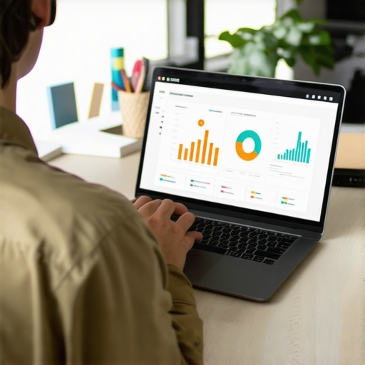 Person analyzing local SEO metrics and tools on a laptop in an office environment.