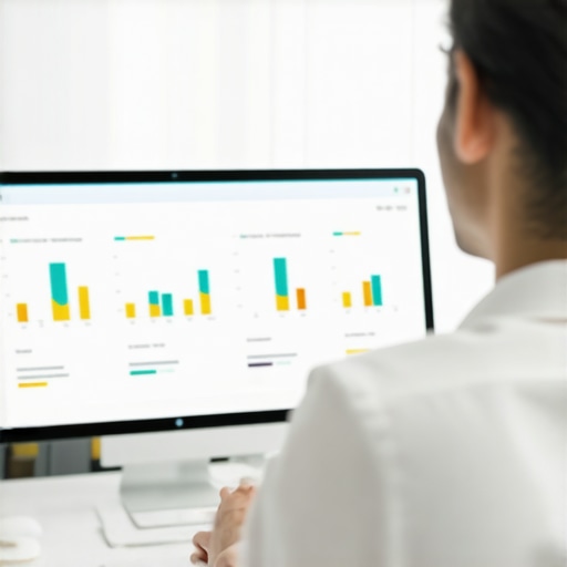 Person reviewing local SEO audit reports on a computer screen, with charts and maps, illustrating continuous SEO monitoring.