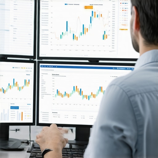 Person analyzing SEO performance data on computer screens with maps and graphs.