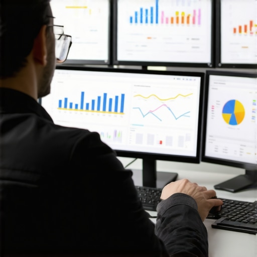 A person analyzing local search performance data and maps on computer screens.