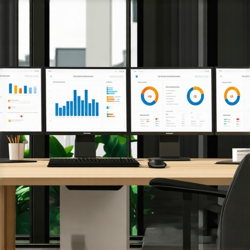 A modern office desk with monitors showing SEO dashboards and audit reports.