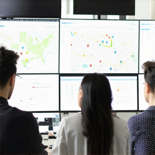 Team examining local SEO data and map rankings on computers in an office