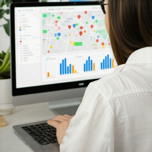 Person reviewing SEO performance data on a laptop with maps and charts