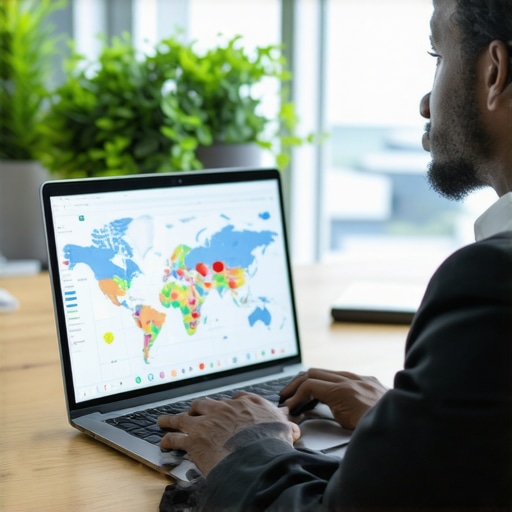 A person analyzing local SEO maps performance charts on a computer in an office setting