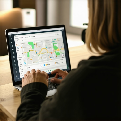 Person reviewing local SEO audit results on a laptop showing maps and analytics