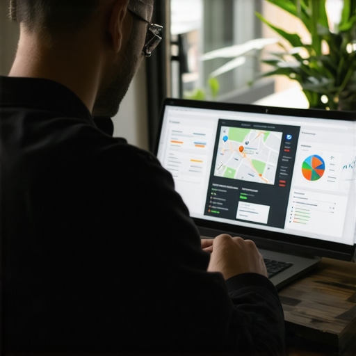 Business owner analyzing local SEO analytics on a laptop, focusing on maps and rankings.