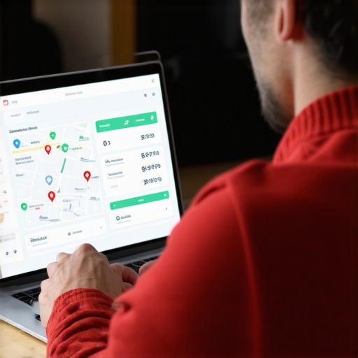 Person manually auditing local business listings using maps and SEO tools on a laptop.
