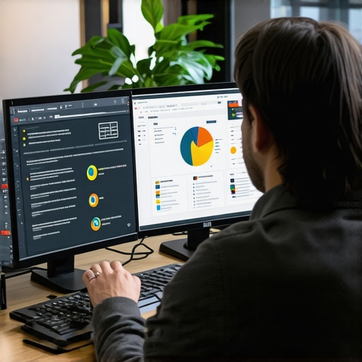 Person analyzing local SEO metrics and audit reports on computer screens.