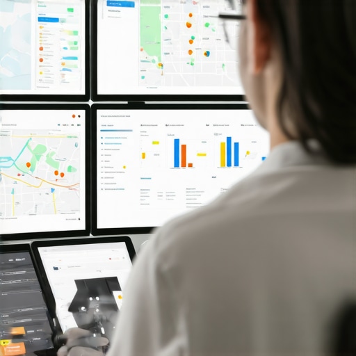 Person reviewing SEO data and maps on computer screens for local search optimization.