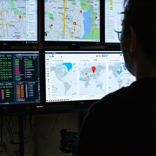 A person analyzing local SEO maps and analytics on multiple screens.