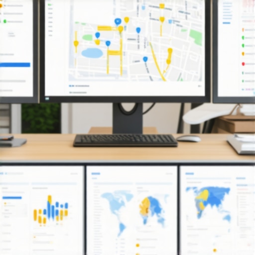 A person reviewing local map data on dual monitors, illustrating the combination of manual and automated local SEO audits.