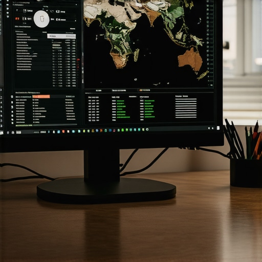 A workspace showing SEO tools on a computer monitor with maps and analytics charts.